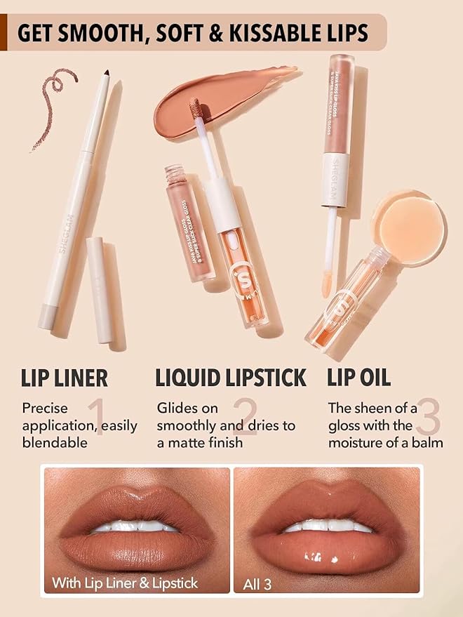 SHEGLAM Soft 90'S Glam 3-In-1 Lip Liner Moisturizing Plant Extracts Long Lasting Liquid Lipstick Plumping Lip Gloss Makeup Set - Haute Cocoa