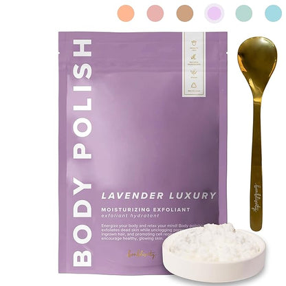 Body Polish, 8oz. - Lavender Luxury Scented Body Scrub Exfoliator for Women, Exfoliating Sugar Scrub To Lotion Moisturizer, Gentle Exfoliant for Dry and Sensitive Skin, Handmade in USA