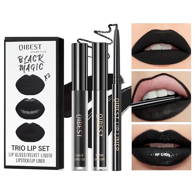 3 In 1 Liquid Lipstick Makeup Set, 3pcs Moisturizing Lip Gloss, Matte Lipstick and Lip Liner, Long Lasting 24H and Waterproof Velvet Liquid Lipstick Kit (12# Black Magic)