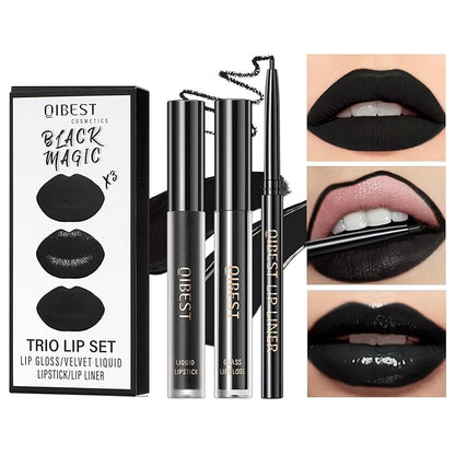 3 In 1 Liquid Lipstick Makeup Set, 3pcs Moisturizing Lip Gloss, Matte Lipstick and Lip Liner, Long Lasting 24H and Waterproof Velvet Liquid Lipstick Kit (12# Black Magic)