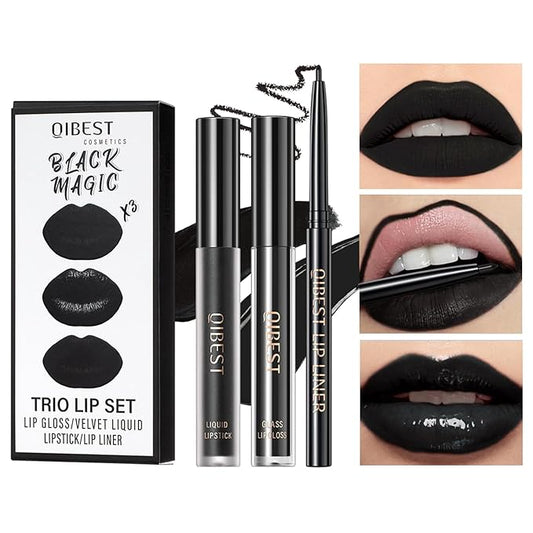 3 In 1 Liquid Lipstick Makeup Set, 3pcs Moisturizing Lip Gloss, Matte Lipstick and Lip Liner, Long Lasting 24H and Waterproof Velvet Liquid Lipstick Kit (12# Black Magic)