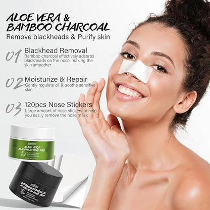 Blackhead Pore Strip 2pcs Aloe Vera Blackhead Remover Strip Bamboo Charcoal Nose Pore Strips Deep Cleaning Whitehead Strawberry Noses Blackhead Remover Face Mask Shrink Pores With 120pcs Paper