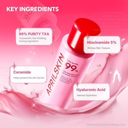 APRILSKIN TXA Overnight Glow Booster Trio: TXA Niacinamide Toning Shot 99 Spicule Facial Serum, TXA Niacinamide 99 Pink Milky Toner and TXA Niacinamide 99 Overnight Wrapping Mask