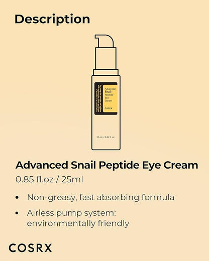 COSRX Snail Mucin Peptide Under Eye Cream, 0.84 fl oz, 73.7% Snail Mucin and Niacinamide, Eye Care, Eye Cream Anti Aging, Dark Circles, Korean Skin Care