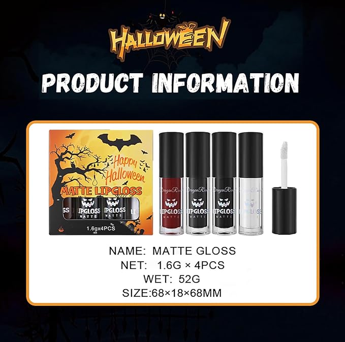 4Pcs Dark Black White Red Liquid Lipstick Lip Stain Lip Gloss Makeup Set，Professional Halloween Special Effects Makeup Waterproof Long Lasting Face Paint Lipgloss for Cosplay Goth Makeup Kit