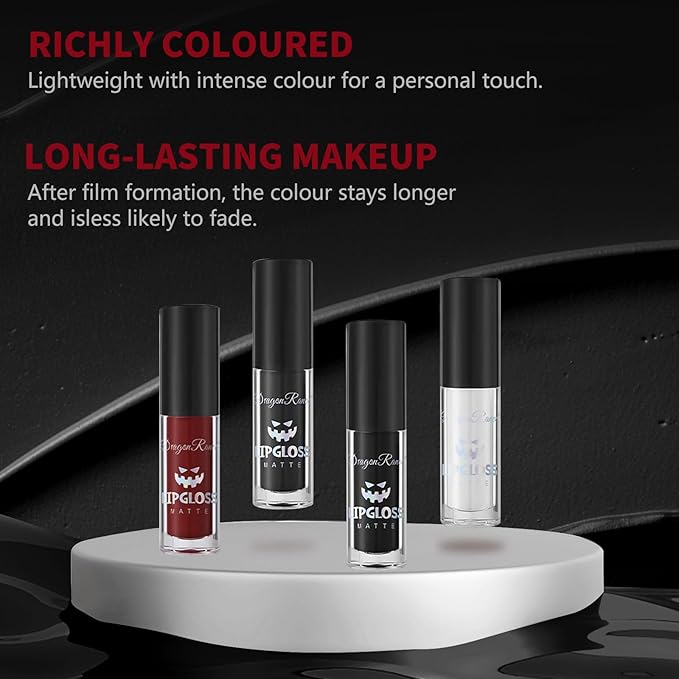 4Pcs Dark Black White Red Liquid Lipstick Lip Stain Lip Gloss Makeup Set，Professional Halloween Special Effects Makeup Waterproof Long Lasting Face Paint Lipgloss for Cosplay Goth Makeup Kit
