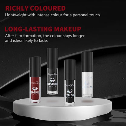 4Pcs Dark Black White Red Liquid Lipstick Lip Stain Lip Gloss Makeup Set，Professional Halloween Special Effects Makeup Waterproof Long Lasting Face Paint Lipgloss for Cosplay Goth Makeup Kit