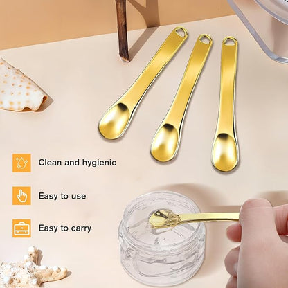 3 Pcs Mini Metal Makeup Spatula Tool, Skincare Spatula, Skin Care Cosmetic Spoon, Metal Cosmetic Spatulas Makeup Applicator Small Scoops Facial Applicator Tool, Reusable Applicator(Gold)
