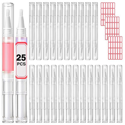 Nail Oil Pen 25Pcs 3ml Empty Transparent Twist Pens Cuticle Oil Pen with Brush Tip for Nail Oil, Liquid Foundation, Eyelash Growth Liquid Tube, Empty Cuticle Oil Dispenser + 48pcs Label