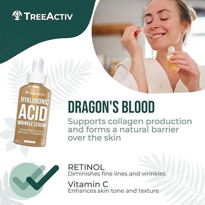 Hyaluronic Acid Wrinkle Serum, Vitamin C Serum for Face with Hyaluronic Acid, Retinol Serum for Face for Skin Elasticity, Fine Lines, and Dark Spots, Wrinkle Serum, 60-Day Supply TreeActiv