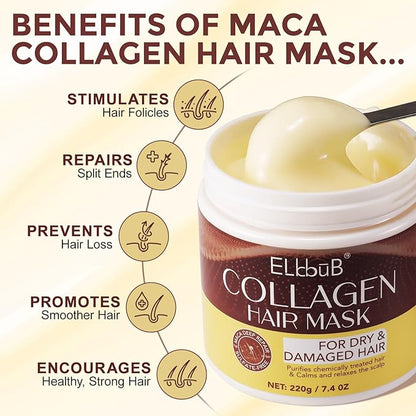 Collagen Hair Mask with Peruvian Ginseng, Avocado Oil, Marigold & Chamomile - Deep Repair Treatment for Dry, Damaged Hair - Restores Shine, Hydration & Strength - Suitable for All Hair Types