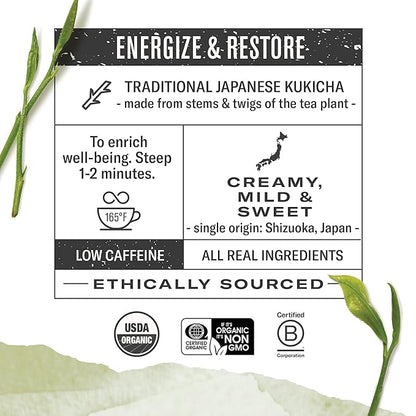 Numi Organic Kukicha Green Tea, 16 Tea Bags (Pack of 3), Roasted Japanese Twig Tea, Caffeinated