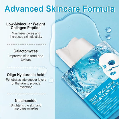 Collagen Real Deep Mask, Collagen Face Mask, Collagen Mask for Women with Hyaluronic Acid, Hydrating Face Masks Skincare, Firming Anti Wrinkle Aging Lifting Mask, Enhance Skin Vitality Deep Repair