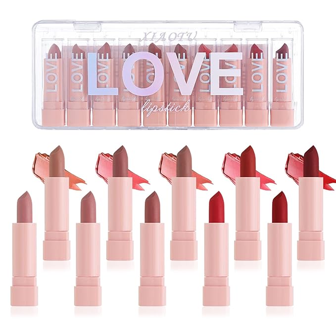 10PCS Mini Matte Lipstick Set,Smooth High Pigmented Lipstick Set,Waterproof Long Lasting Non-Fading Lip Gloss Stick Makeup Set,Matte Nude Lipstick Gift Set for Women