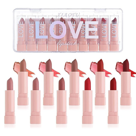 10PCS Mini Matte Lipstick Set,Smooth High Pigmented Lipstick Set,Waterproof Long Lasting Non-Fading Lip Gloss Stick Makeup Set,Matte Nude Lipstick Gift Set for Women