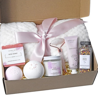 Natural Amor Rose Blanket Spa Gift Set for her, 8 pcs Self Care Box Including Handmade Soap Bar, Candle, Bath Bomb, Cozy Gift for Women