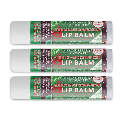 Vegan Lip Balm Set - Pack of 3 Chocolate Candy Cane Lip Balms from Soothing Touch. Large 0.25 oz size. Includes Bonus Muslin Pouch (3 x 4 in). Unique Gift Bundle from Tiny Seed