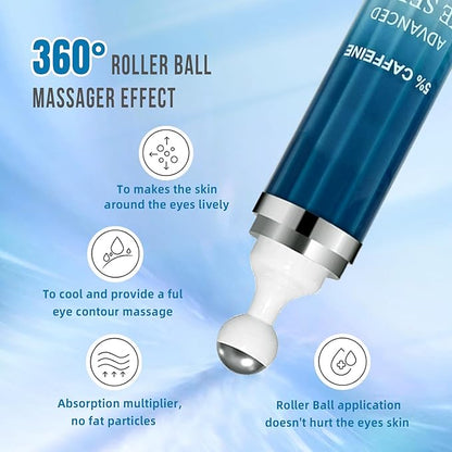 5% Caffeine Eye Cream & Under Eye Serum for Dark Circles and Wrinkles, Under Eye Bags Treatment, Anti-Aging Caffeine Eye Serum with Hyaluronic Acid and Niacinamide, 360° Eye Roller Massage(20ML)