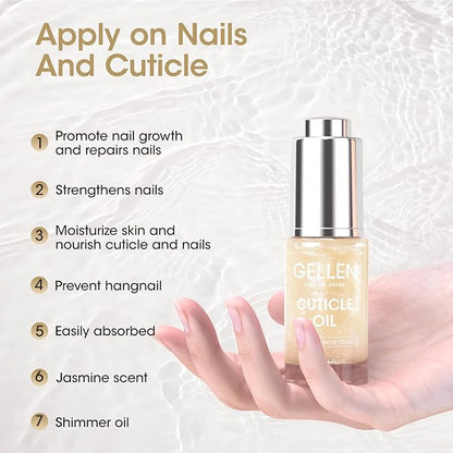 Gellen Nail Cuticle Oil for Growth and Strength, 15ml Vitamin E Nail Nourishing Oil for Hydrating, Moisturizing, Strengthening, Cuticle and Skin Care Product for Men Women, Jasmine Scent, Gold Shimmer