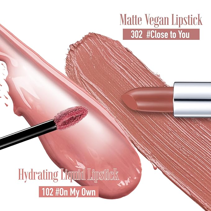 READY TO SHINE Matte Vegan Creamy Satin Lipstick and Lip Glow Set (302-Close to You+102-#ONMYOWN) CRUSH ON YOU