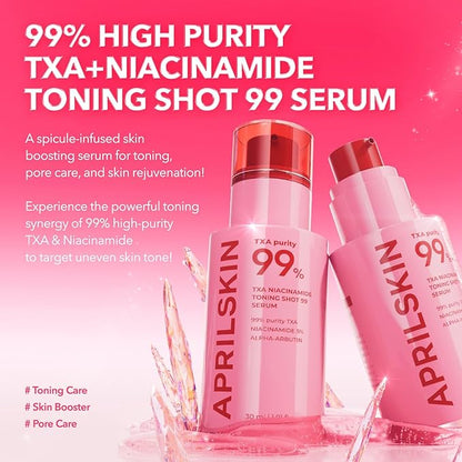 APRILSKIN TXA Overnight Glow Booster Trio: TXA Niacinamide Toning Shot 99 Spicule Facial Serum, TXA Niacinamide 99 Pink Milky Toner and TXA Niacinamide 99 Overnight Wrapping Mask