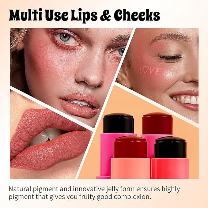 Cooling Water Jelly Tint Blush, Multi-Use Lip Stain Tint & Cheek Stick, Chill Poppy Pink Lip Gloss -1,000+ Swipes Per Stick Longlasting & Non-Stick Watercolor Effect Vivid Color (# 01)