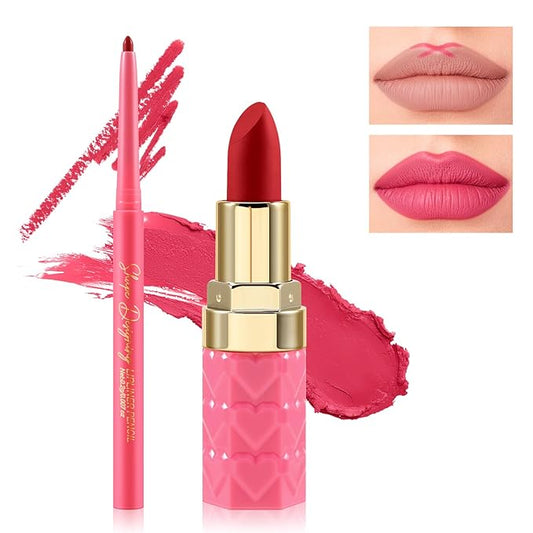 Boobeen 2Pcs Lip Liner and Lipstick Makeup Set, Lip Crayon Pencil Velvety Nude Lipliner Lip Gloss Make Up Gift Sets for Women, Ultra-Long-Lasting Matte but Not Dry