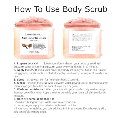 Shea Butter Ice Cream Body & Foot Scrubs 10 Oz - a Soft Serve Texture with a Nice soothing and Moisturizing Effect. Scent is Beautiful - The best stocking stuffer.