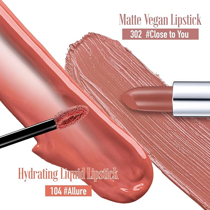 READY TO SHINE Matte Vegan Creamy Satin Lipstick and Lip Glow Set- (302-Close to You+104-#ALLURE) CRUSH ON YOU