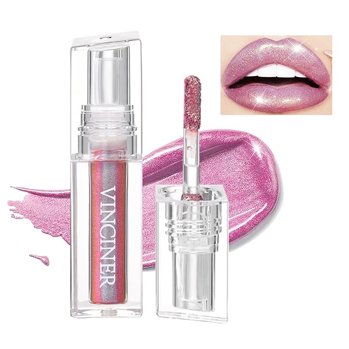 Pink Glitter Lipstick Diamond Metallic Shimmering Liquid Lipstick,High Shiny Lip Gloss Long Lasting Smudge-Proof Transfer-Proof Sparkle Glitter Lipstick & Eyeshadow,Aurora Glossy Lip Gloss Makeup(06#)