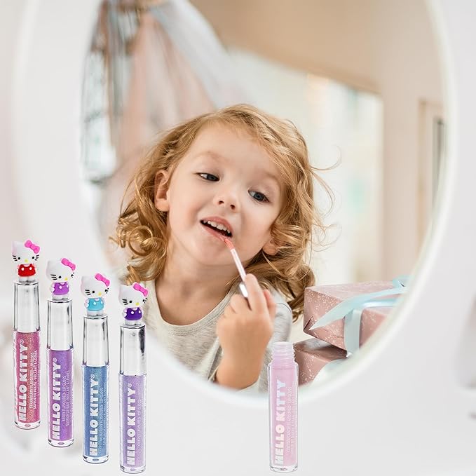 Townley Girl Hello Kitty 5 Pc Plant Based, Moisturizing Lip Gloss Makeup Set for Girls Kids Toddlers, Perfect for Parties Sleepovers Makeovers Birthday Gift for Girls 3 Yrs+