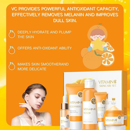 Vitamin C Skincare Set, 5Pcs Skincare Gift Set With Cleanser, Toner, Face Serum, Face Cream, And Eye Cream, Facial Kit for Women, 5-In-1 Skin care Gift Set, Moisturizing Skincare Set For Women Men