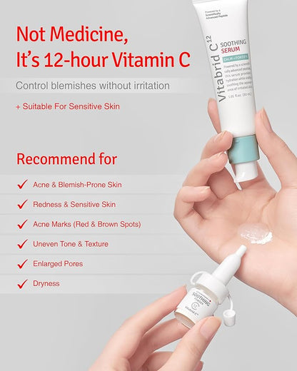 12 Hour Vitamin C Soothing Serum for Acne & Blemish-Prone Sensitive Skin - Improves Sebum, Pores and Redness - Peptides, Niacinamide, Madecassoside, 1.01 fl.oz. Powder 0.04oz.