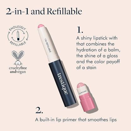 trestique Prime And Shine Lip Crayon, Refillable Shiny Lipstick With Built-in Lip Primer, Clean Beauty Makeup Lipstick, Lipstick For Women, 2-in-1 Glossy Lipstick and Lip Primer