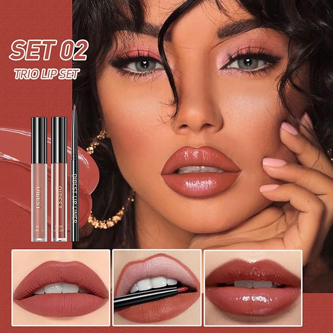 3 In 1 Liquid Lipstick Makeup Set, Non-stick Cup Matte Liquid Lipstick For Woman, Moisturizing Lip Gloss And Lip Liner, Long Lasting, Waterproof and Velvet Liquid Lipstick Kit (02# Loving Orange)