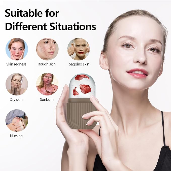 Ice Roller for Face and Eye, Silicone Ice Facial Roller Ice Holder, Face Ice Mold Skin Care, Face Icers Reusable Ice Cube Roller for Shrink Pores Anti Wrinkle Reduce Puffiness, Brown