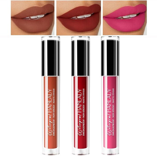 3Pc Matte Liquid Lipsticks, Pink Dark Red Brown Long