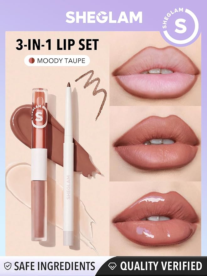 SHEGLAM Soft 90'S Glam 3-In-1 Lip Liner Moisturizing Plant Extracts Long Lasting Liquid Lipstick Plumping Lip Gloss Makeup Set - Moody Taupe