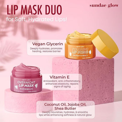 Mango, Vanilla & Watermelon Duo Lip Mask & Scrub - Dermatologist Tested, Anti-Aging, Korean Skin Care, Deep Hydration - Smooth, Soft & Plump Lips - Clean Beauty, Vegan, Non-GMO - 1 Pack