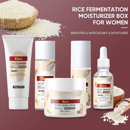 Rice Water Skin Care Set for Women & Men & Teens & Girls, Facial Kit with Cleanser 3.53oz, Toner 4.06oz, Serum 1.01oz, Lotion 3.38oz, Cream 1.76oz, Teenage Rice Moisturizing Travel Skincare Gift Set