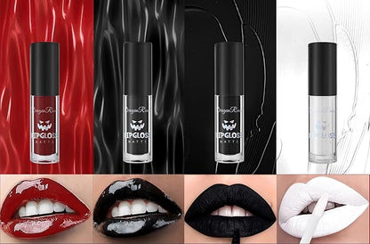 4Pcs Dark Black White Red Liquid Lipstick Lip Stain Lip Gloss Makeup Set，Professional Halloween Special Effects Makeup Waterproof Long Lasting Face Paint Lipgloss for Cosplay Goth Makeup Kit