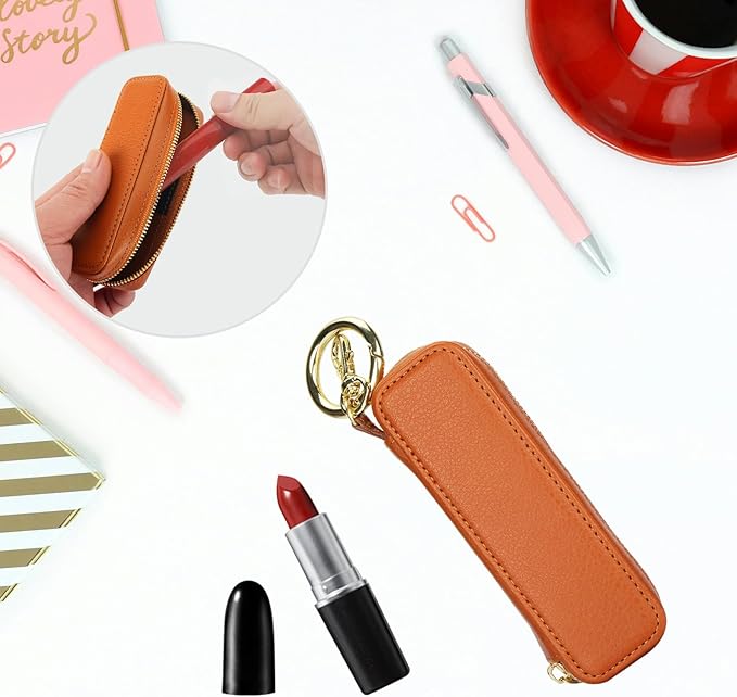 Bocasal Leather Lipstick Case Holder Chapstick Keychain Pouch, Zipper Lip Balm Lip Gloss Bag for Purse with Key Chain Elastic Band, Makeup Travel Organizer Cosmetic Storage Kit for Women Girls (Brown)