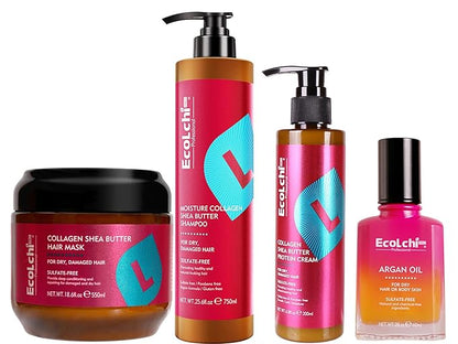 Ecolchi Hair Mask Shampoo Leaving-in Conditioner Argan Oil Set Collagen Hair Treatment Deep Repair Conditioning for Dry Damaged Hair All Hair Types 550+750+200+60ml