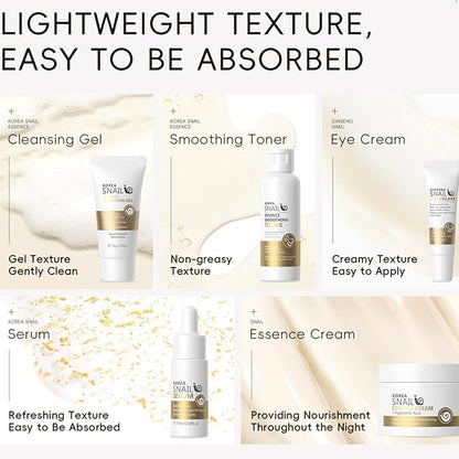 Korean Skin Care Set Snail Women Gifts - Skin Care Kit Moisturizing - 5PCS Skincare Set - Firming Skincare Gift Set - Travel Essentials - with Cleansing Gel, Toner, Serum, Eye Cream, Essence Cream
