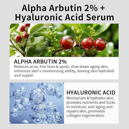 Alpha Arbutin 2% + HA Serum for Anti Aging & Wrinkles, 2 PCS Moisturizing Alpha Arbutin Serum 2%, Hyaluronic Acid, Niacinamide for Acne & Spots, Hyaluronic Acid Essence for Face.