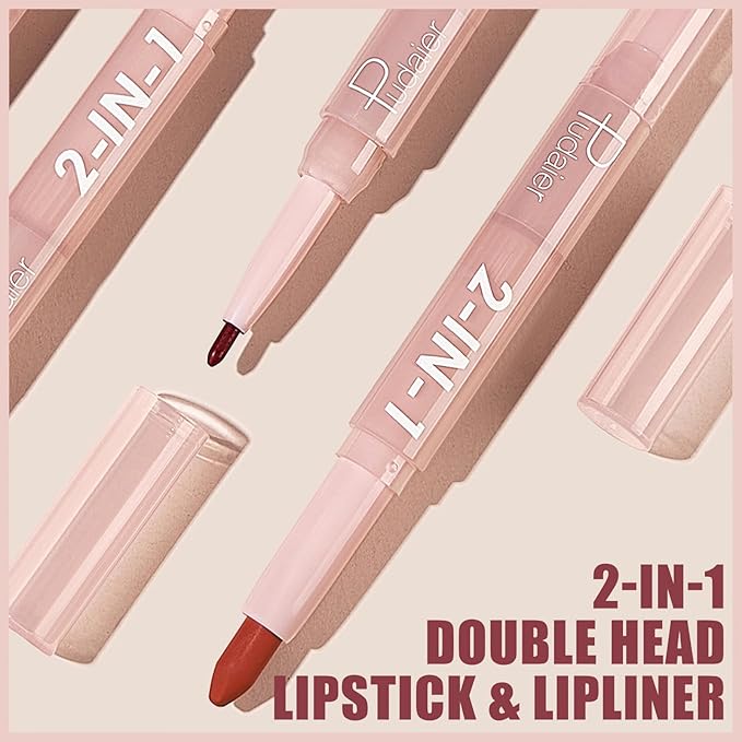 MIELIKKI Lip Liner and Lipstick Makeup Set, 2-in-1 Double Head Lipstick, Highly Pigmented Matte Lip Crayon, Long Lasting, Waterproof, Nonstick Cup, Lip Makeup Gift, 15