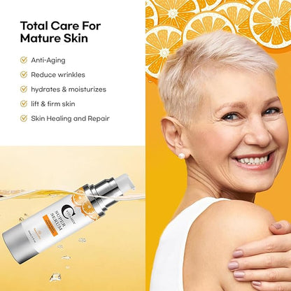 Super Vitamin C Face Serum for Mature Skin: Hyaluronic Serum for Dark Spots Fine Lines Wrinkles All-in-One Formula Hydrates Firm Smooth Age-Defying Serum for Women Over 50-1 fl oz