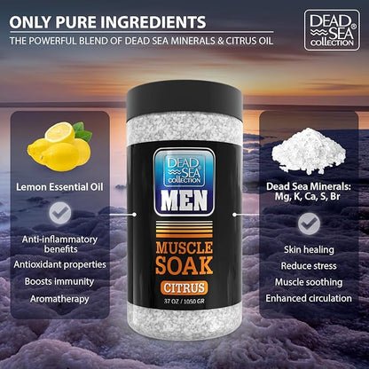 Dead Sea Collection Bath Salts for Men with Citrus Oil - Muscle Recovery Bath Soak – Mens Pure Dead Sea Salt for Soothing and Relaxing – 37 Oz