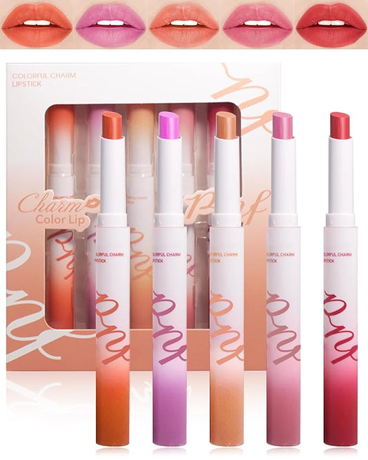Matte Lipstick Kit-5 Colors Lip Stain Tint Pen,Tube Crayon Lipstick Tinted Lip Gloss,Nude Dark Brown Pink Ruby Red Lipcolor Longlasting 24 hours Waterproof Labiales Mate,Makeup Gift for Women-Set B