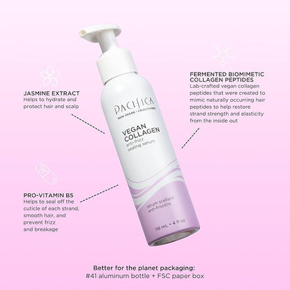 Pacifica Vegan Collagen Hydrating Leave-In Repair Hair Mask, Softens & Restores Shine, Seals Split Ends, For Dry, Damaged & Color-Treated Hair, Silicone & Sulfate Free, Vegan, 4 oz